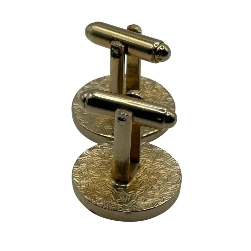 Vintage Cufflinks Round Gold‎ Tone Crescent Moon Wood Look Formal Men's Textured
